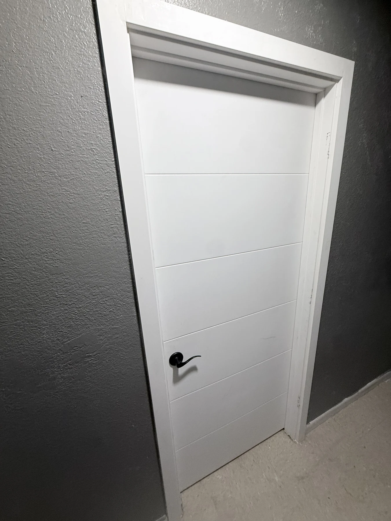 Modern white door with horizontal panels and black hardware